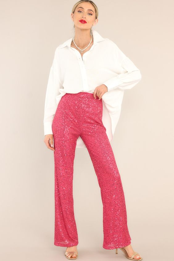 Pink Sequin Valentine Pants with White Shirt