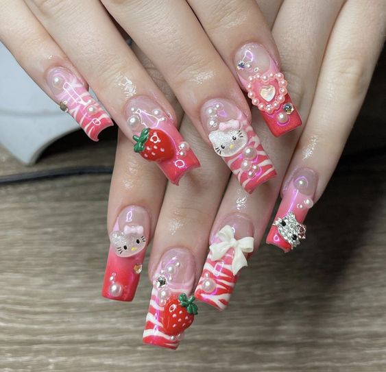 zigzag soft pink Kitty manicure with strawberry charms 